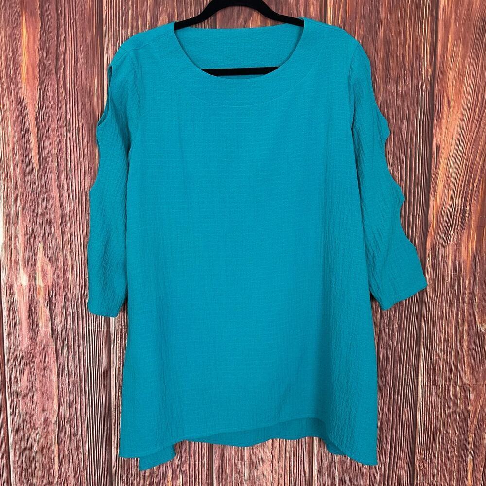 Ali Miles Top Womens Medium Blue Cut Outs Tunic Flowy Lagenlook Art to Wear
